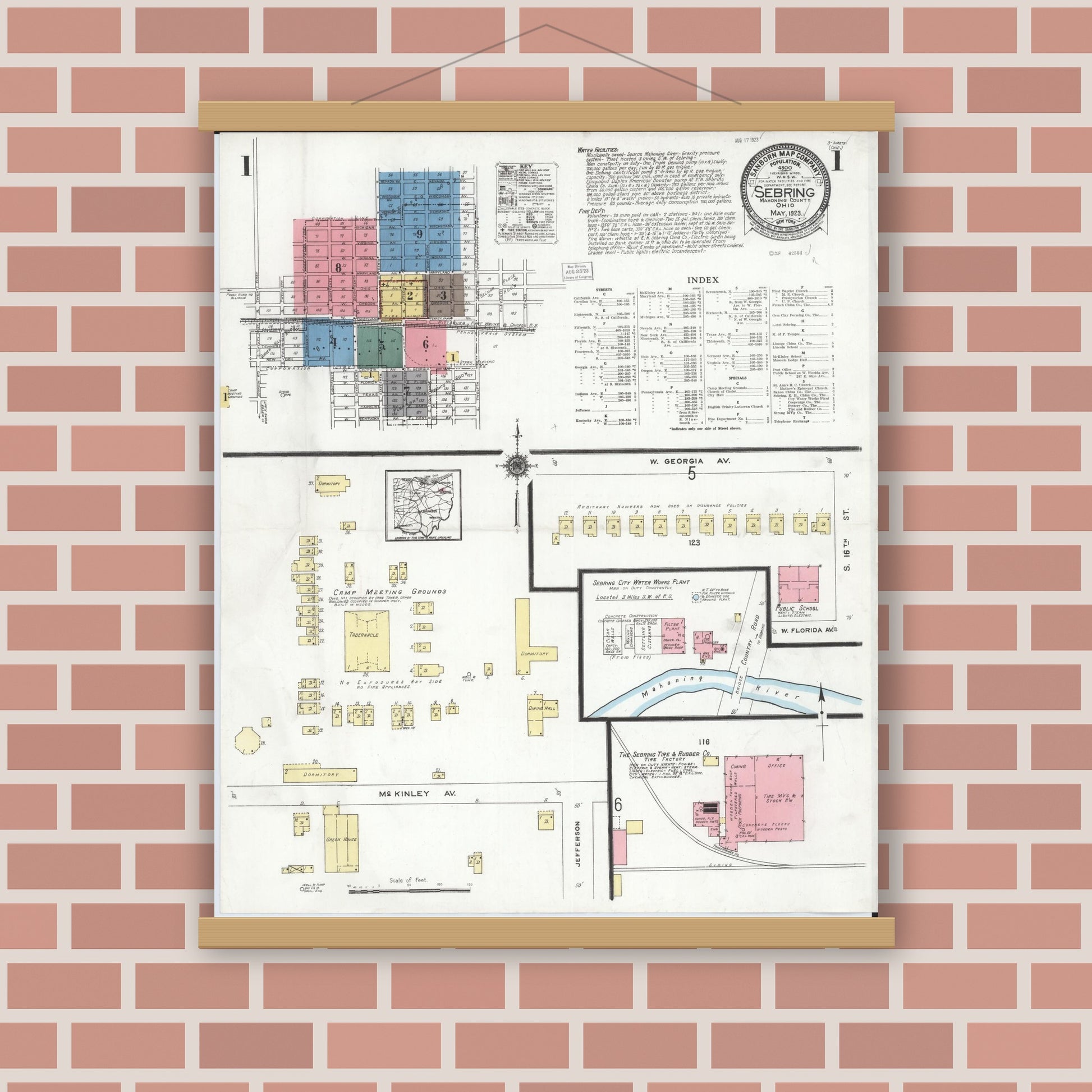 Old map wall art mockup — magnetic wood frame on brick wall — Sanborn Fire Insurance Map from Sebring, Mahoning County, Ohio (1923) - Complete Map Set