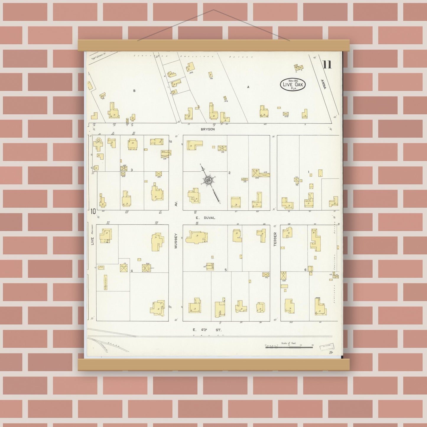 Old map wall art mockup — magnetic wood frame on brick wall — Sanborn Fire Insurance Map from Live Oak, Suwanee County, Florida (1912), Sheet #0011