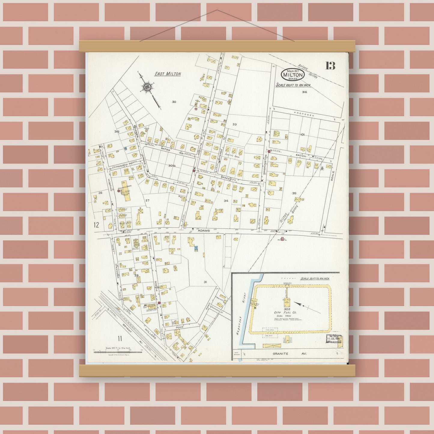 Old map wall art mockup — magnetic wood frame on brick wall — Sanborn Fire Insurance Map from Milton, Norfolk County, Massachusetts (1917), Sheet #0013