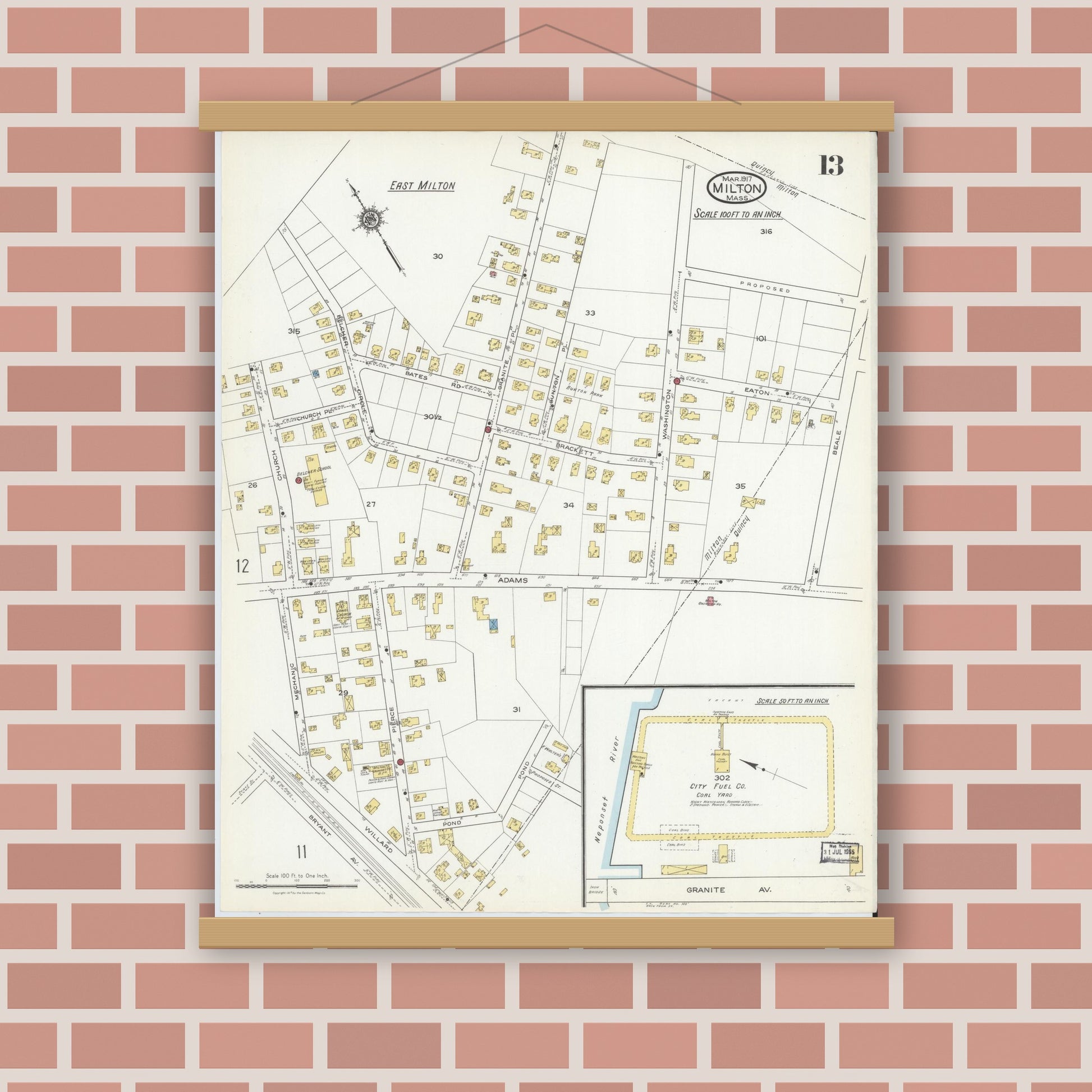 Old map wall art mockup — magnetic wood frame on brick wall — Sanborn Fire Insurance Map from Milton, Norfolk County, Massachusetts (1917), Sheet #0013