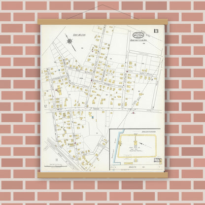 Old map wall art mockup — magnetic wood frame on brick wall — Sanborn Fire Insurance Map from Milton, Norfolk County, Massachusetts (1917), Sheet #0013