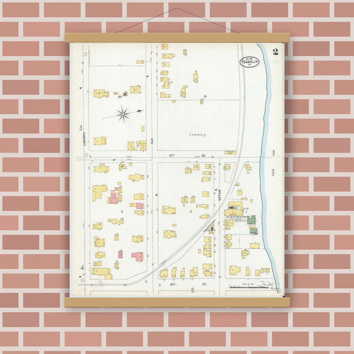 Old map wall art mockup — magnetic wood frame on brick wall — Sanborn Fire Insurance Map from Franklin, Venango County, Pennsylvania (1901), Sheet #0002