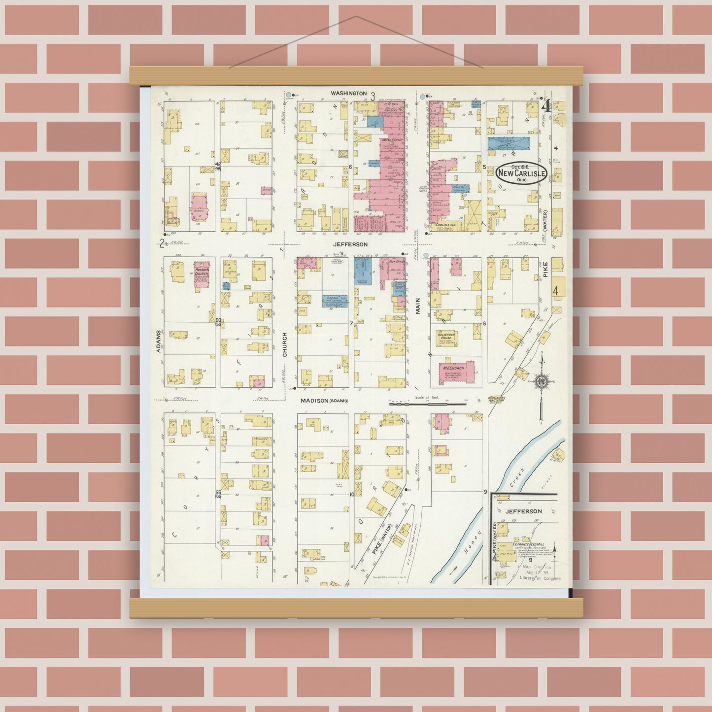 Old map wall art mockup — magnetic wood frame on brick wall — Sanborn Fire Insurance Map from New Carlisle, Clarke County, Ohio (1916), Sheet #0004