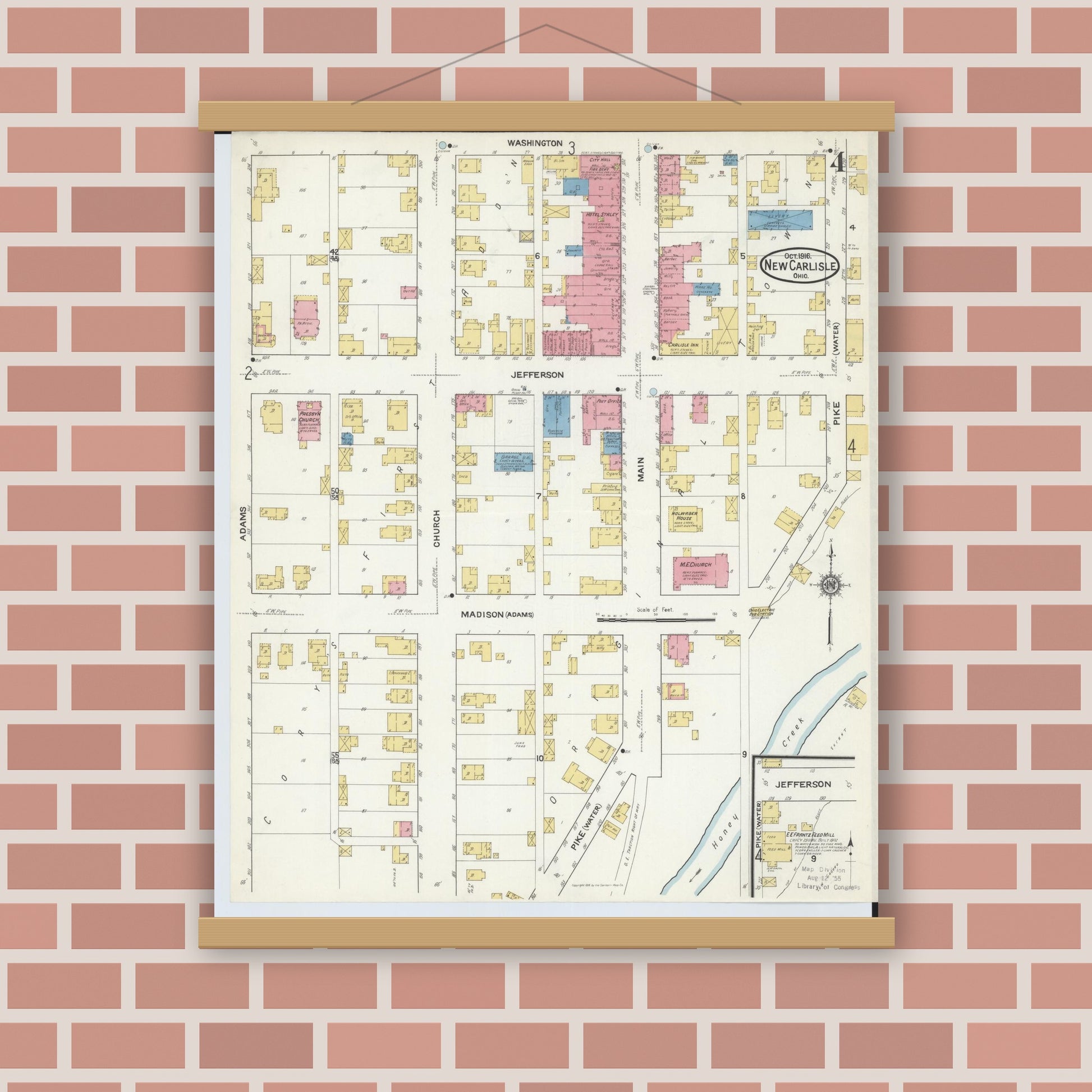 Old map wall art mockup — magnetic wood frame on brick wall — Sanborn Fire Insurance Map from New Carlisle, Clarke County, Ohio (1916), Sheet #0004