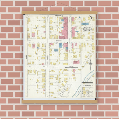 Old map wall art mockup — magnetic wood frame on brick wall — Sanborn Fire Insurance Map from New Carlisle, Clarke County, Ohio (1916), Sheet #0004