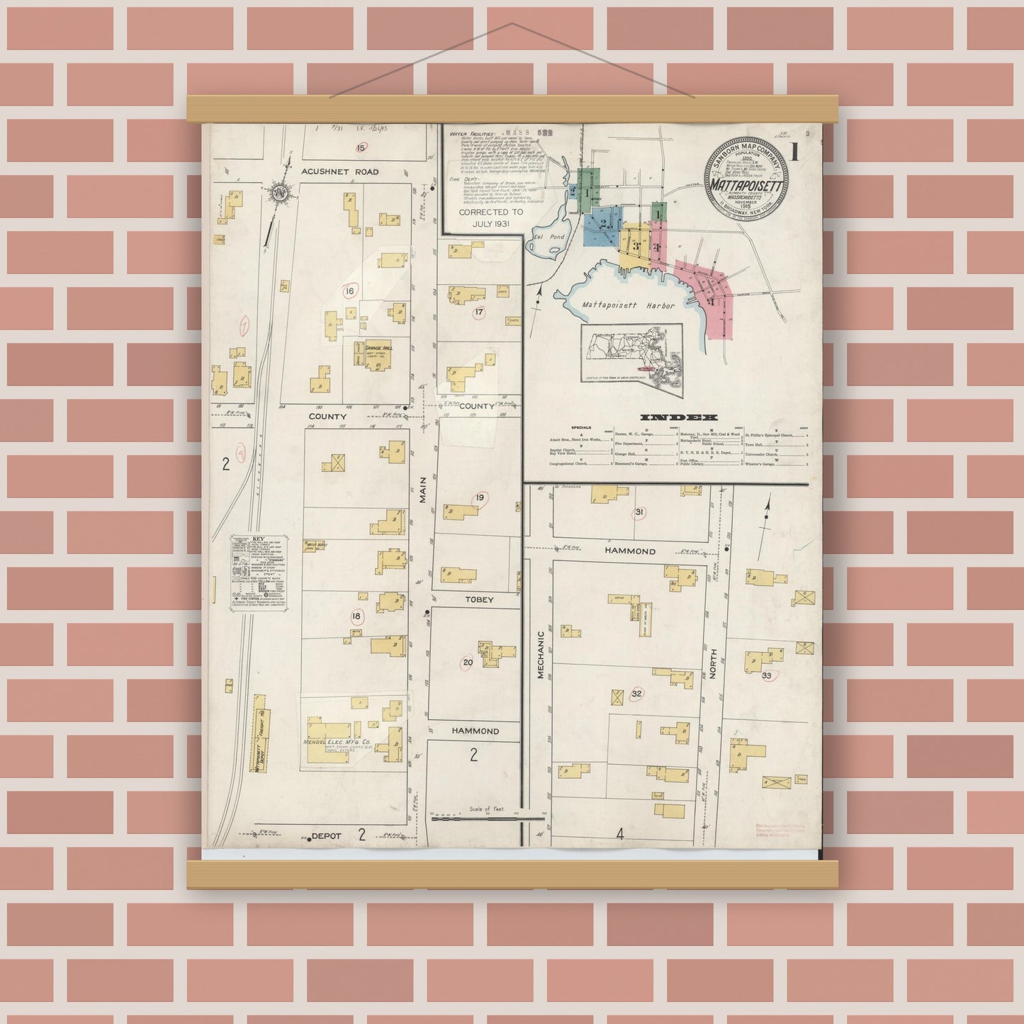 Old map wall art mockup — magnetic wood frame on brick wall — Sanborn Fire Insurance Map from Mattapoisett, Plymouth County, Massachusetts (1931), Sheet #0001