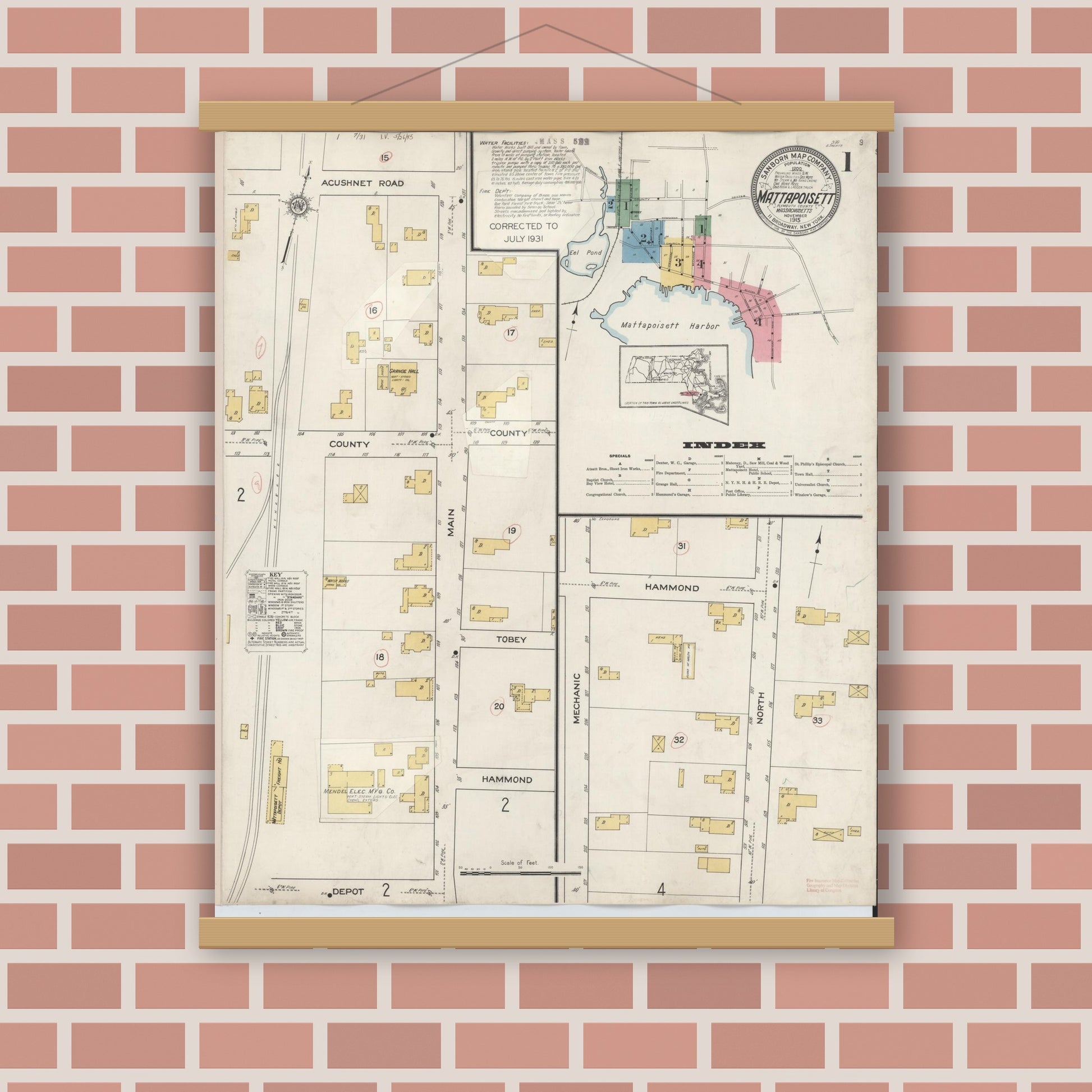 Old map wall art mockup — magnetic wood frame on brick wall — Sanborn Fire Insurance Map from Mattapoisett, Plymouth County, Massachusetts (1931), Sheet #0001