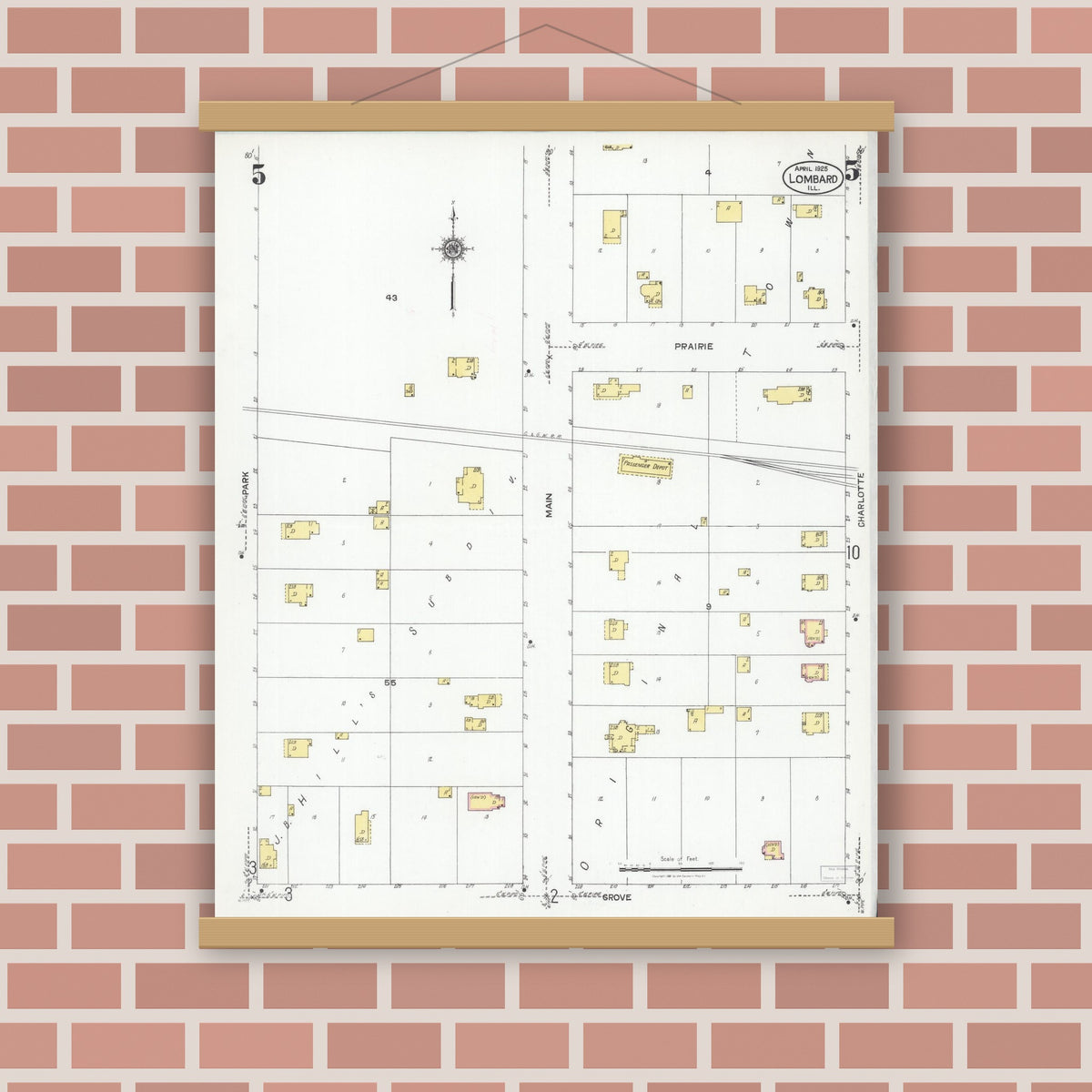 Old map wall art mockup — magnetic wood frame on brick wall — Sanborn Fire Insurance Map from Lombard, Du Page County, Illinois (1925), Sheet #0005