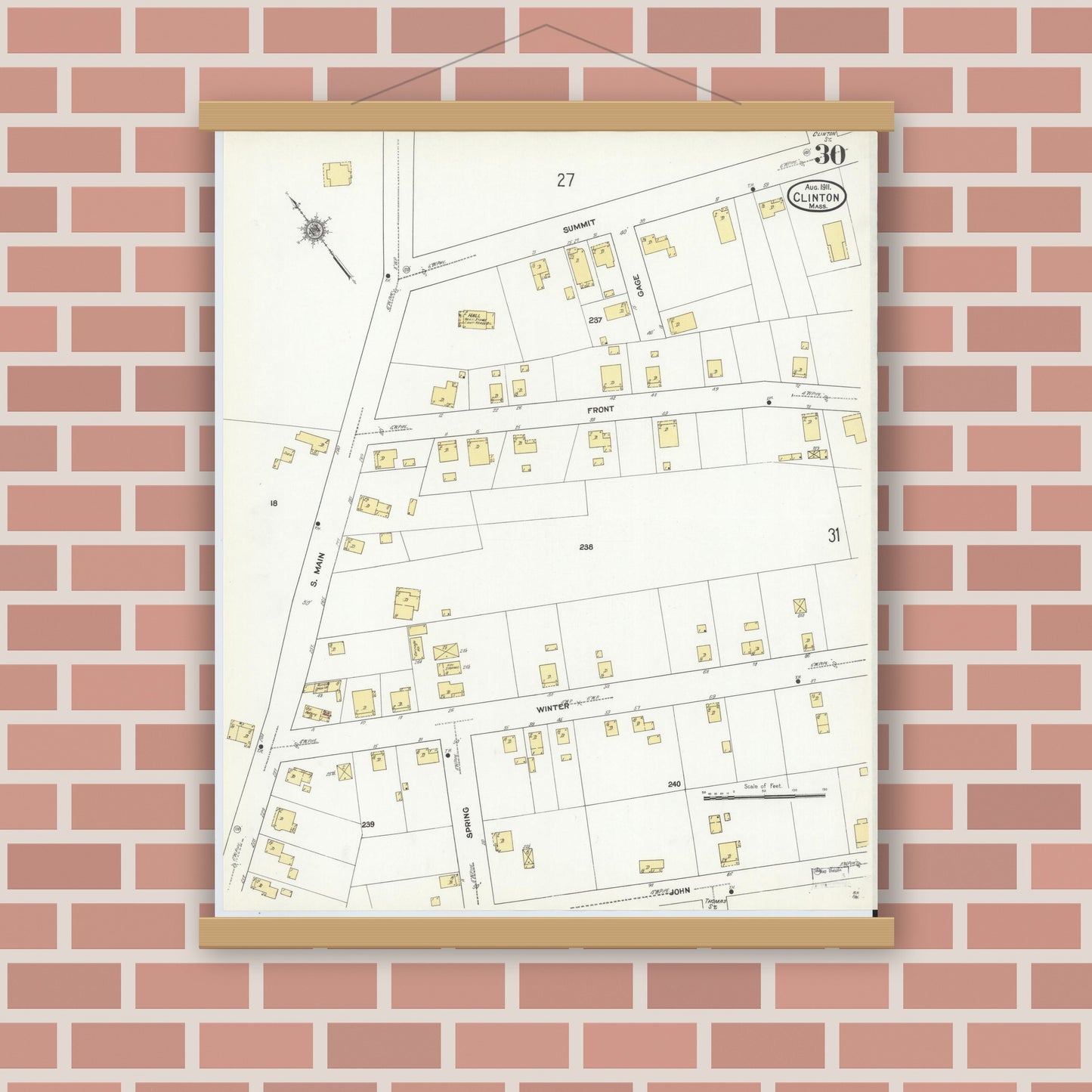 Old map wall art mockup — magnetic wood frame on brick wall — Sanborn Fire Insurance Map from Clinton, Worcester County, Massachusetts (1911), Sheet #0030