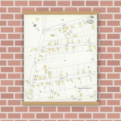 Old map wall art mockup — magnetic wood frame on brick wall — Sanborn Fire Insurance Map from Clinton, Worcester County, Massachusetts (1911), Sheet #0030