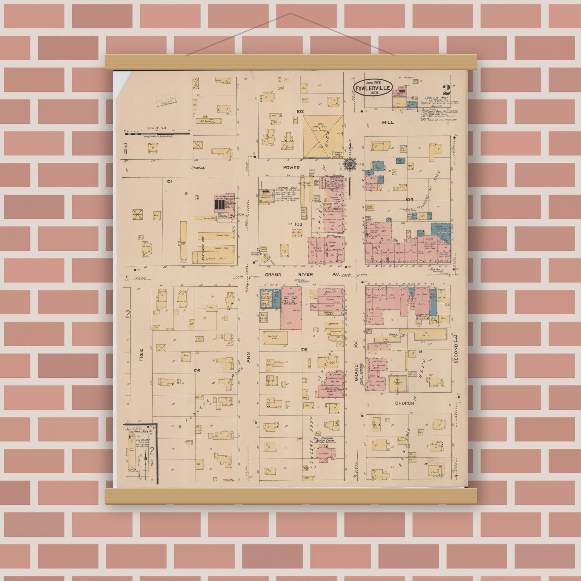 Old map wall art mockup — magnetic wood frame on brick wall — Sanborn Fire Insurance Map from Fowlerville, Livingston County, Michigan (1922), Sheet #0002