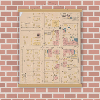 Old map wall art mockup — magnetic wood frame on brick wall — Sanborn Fire Insurance Map from Fowlerville, Livingston County, Michigan (1922), Sheet #0002