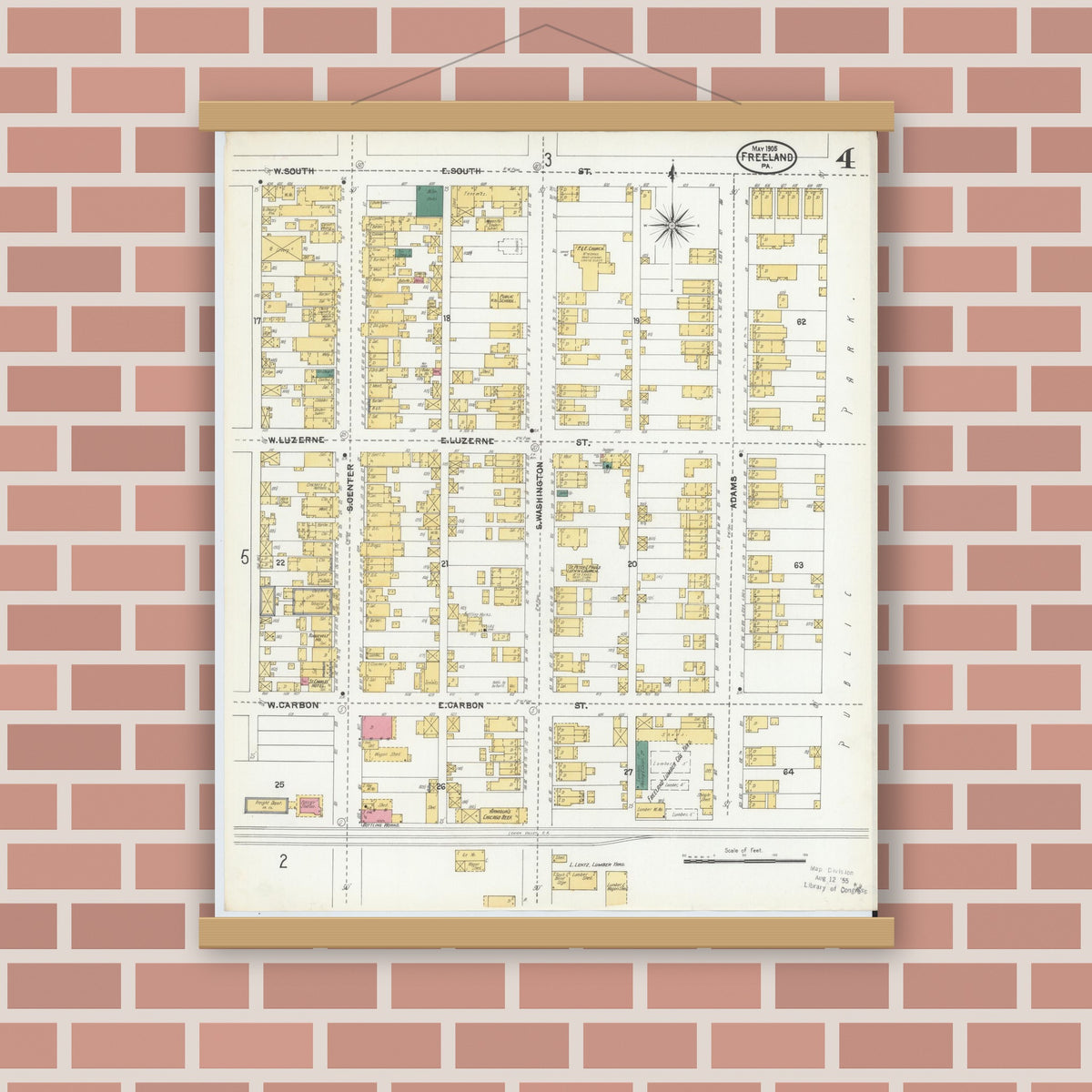 Old map wall art mockup — magnetic wood frame on brick wall — Sanborn Fire Insurance Map from Freeland, Luzerne County, Pennsylvania (1905), Sheet #0004