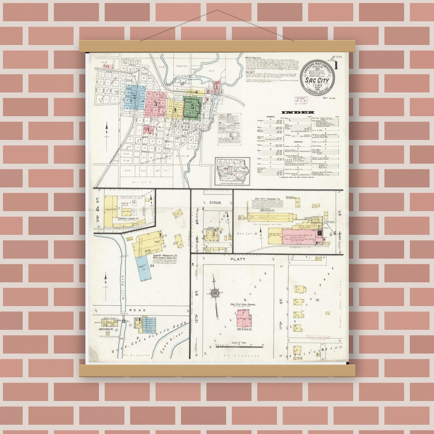 Old map wall art mockup — magnetic wood frame on brick wall — Sanborn Fire Insurance Map from Sac City, Sac County, Iowa (1915), Sheet #0001
