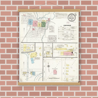 Old map wall art mockup — magnetic wood frame on brick wall — Sanborn Fire Insurance Map from Sac City, Sac County, Iowa (1915), Sheet #0001