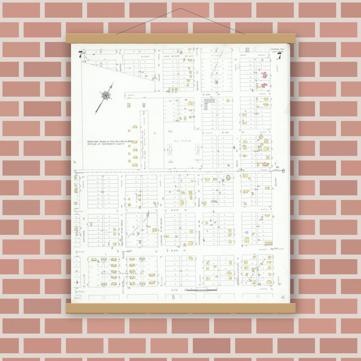 Old map wall art mockup — magnetic wood frame on brick wall — Sanborn Fire Insurance Map from Odessa, Edger County, Texas (1939), Sheet #0007
