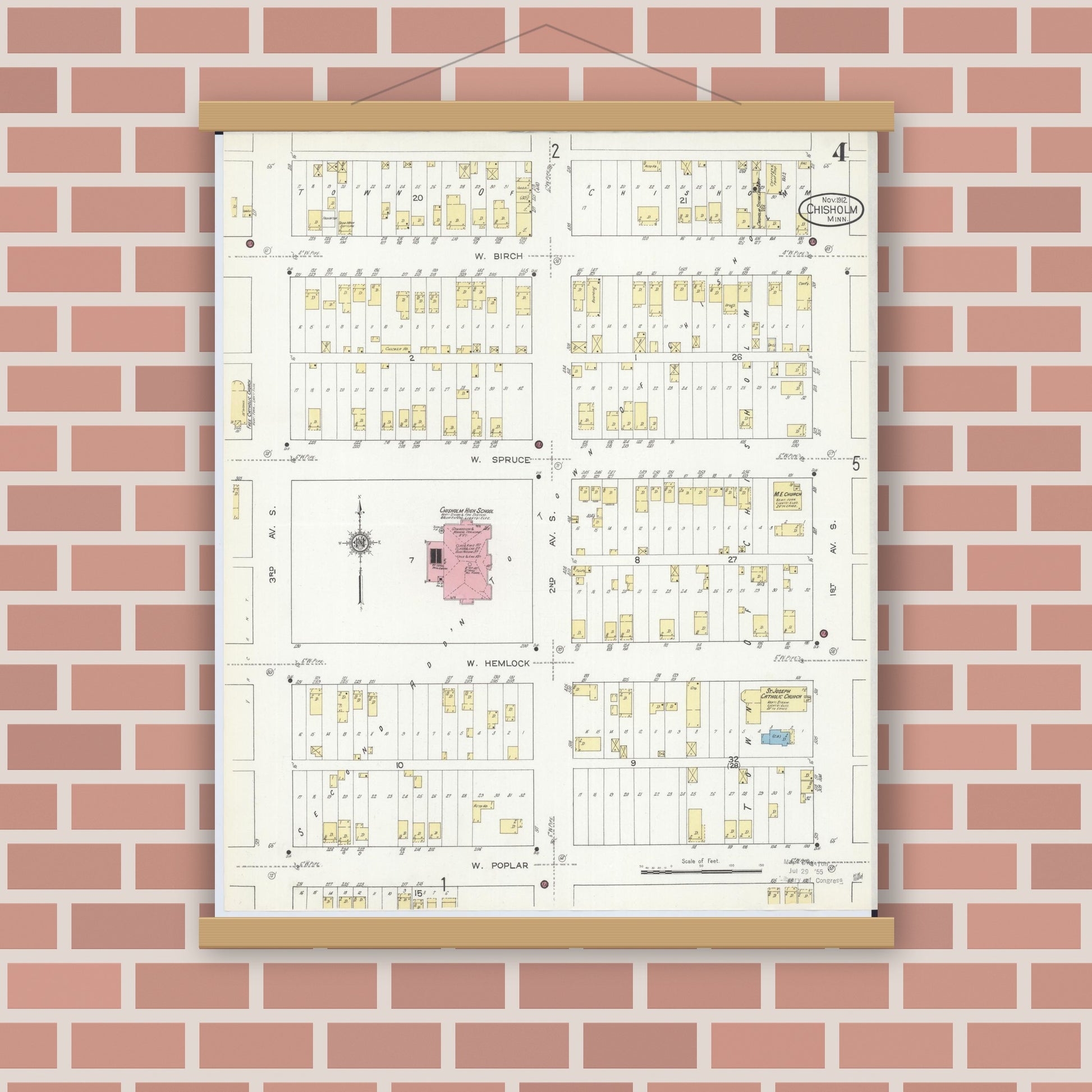 Old map wall art mockup — magnetic wood frame on brick wall — Sanborn Fire Insurance Map from Chisholm, Saint Louis County, Minnesota (1912), Sheet #0004