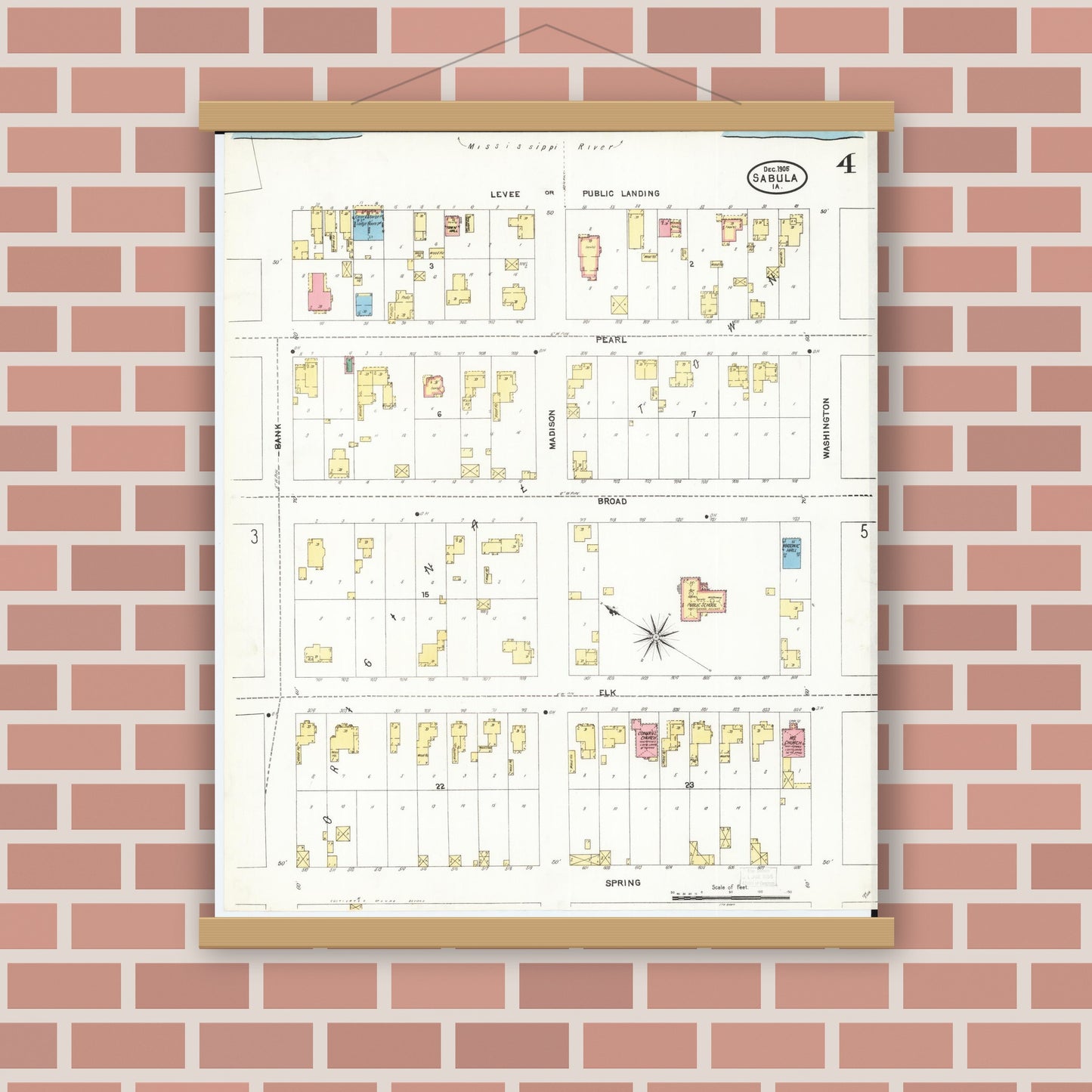 Old map wall art mockup — magnetic wood frame on brick wall — Sanborn Fire Insurance Map from Sabula, Jackson County, Iowa (1905), Sheet #0004