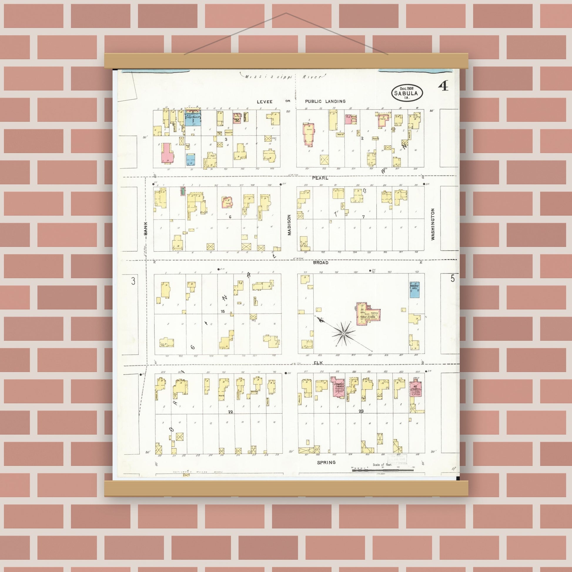 Old map wall art mockup — magnetic wood frame on brick wall — Sanborn Fire Insurance Map from Sabula, Jackson County, Iowa (1905), Sheet #0004