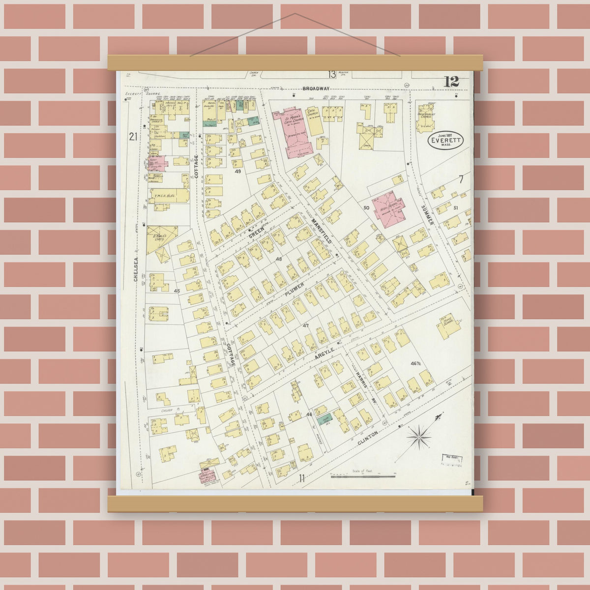 Old map wall art mockup — magnetic wood frame on brick wall — Sanborn Fire Insurance Map from Everett, Middlesex County, Massachusetts (1897), Sheet #0012