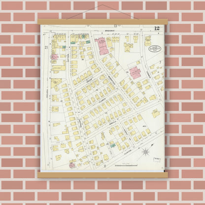 Old map wall art mockup — magnetic wood frame on brick wall — Sanborn Fire Insurance Map from Everett, Middlesex County, Massachusetts (1897), Sheet #0012