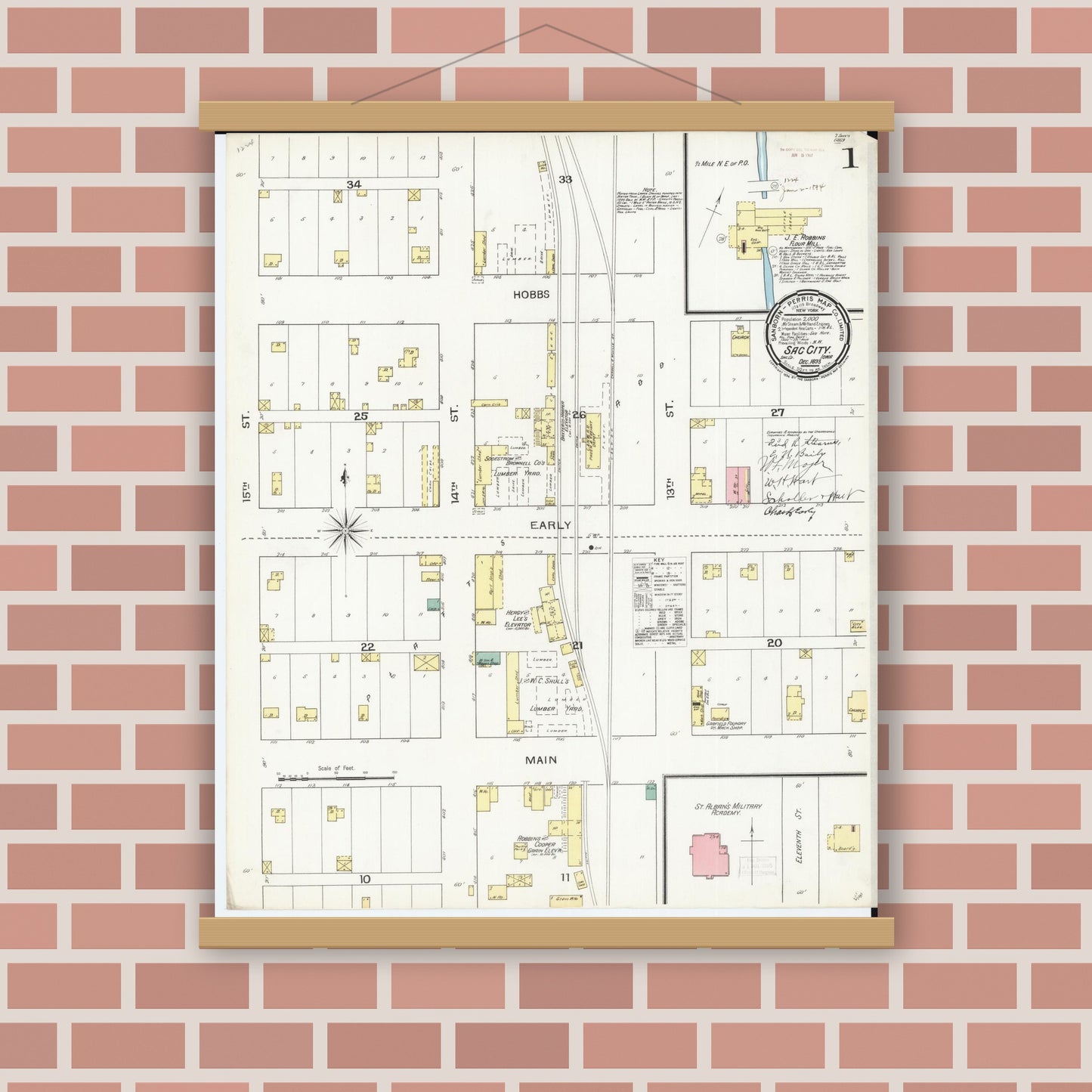 Old map wall art mockup — magnetic wood frame on brick wall — Sanborn Fire Insurance Map from Sac City, Sac County, Iowa (1893), Sheet #0001