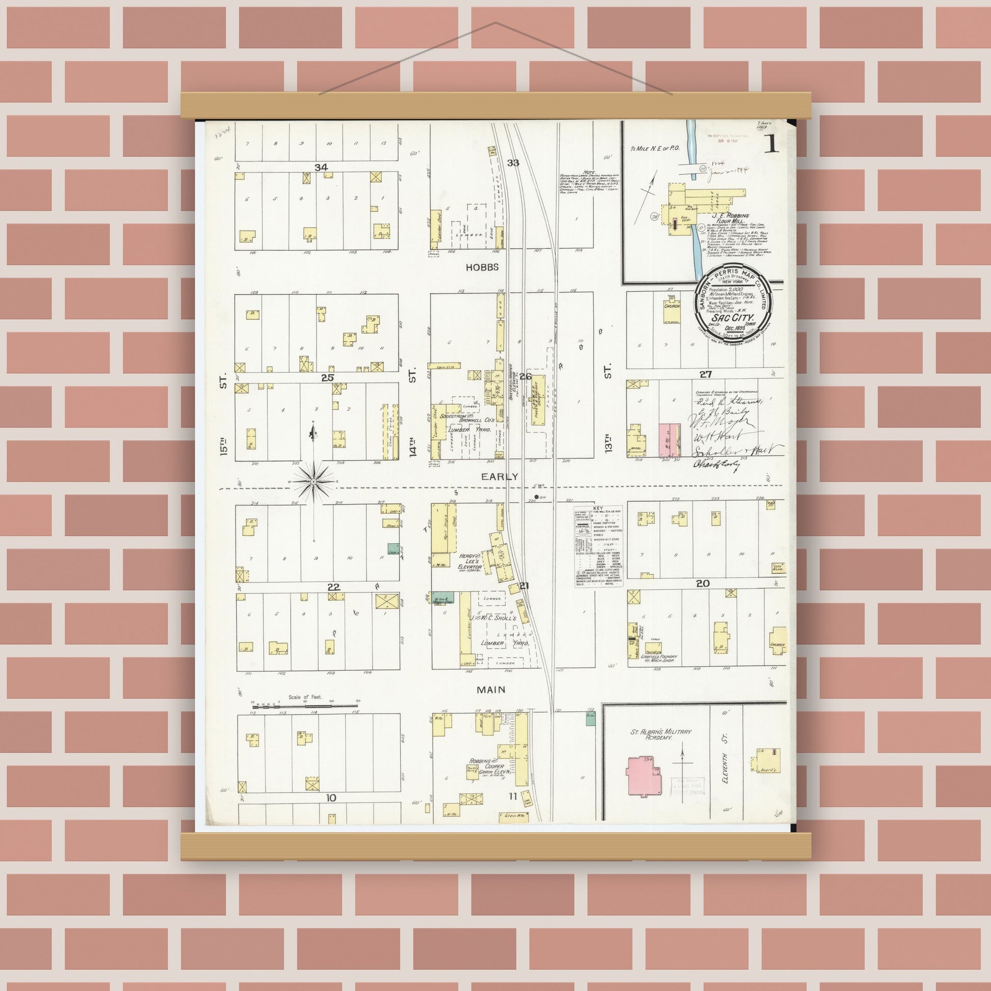 Old map wall art mockup — magnetic wood frame on brick wall — Sanborn Fire Insurance Map from Sac City, Sac County, Iowa (1893), Sheet #0001