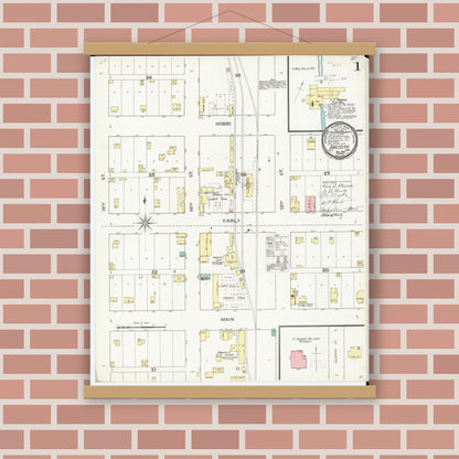 Old map wall art mockup — magnetic wood frame on brick wall — Sanborn Fire Insurance Map from Sac City, Sac County, Iowa (1893), Sheet #0001
