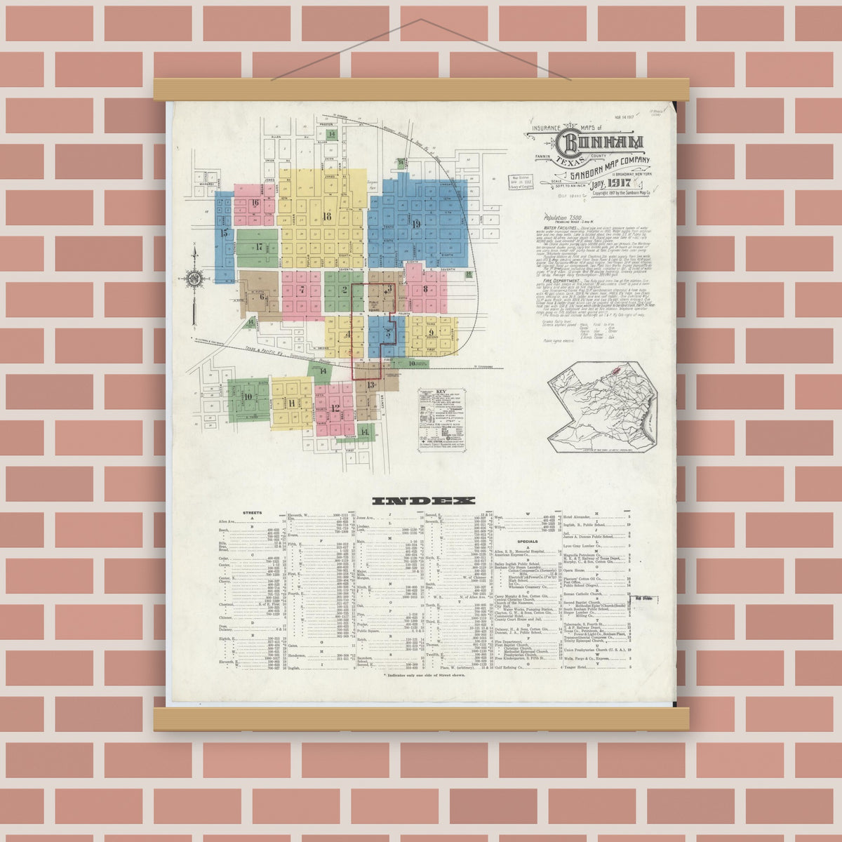 Old map wall art mockup — magnetic wood frame on brick wall — Sanborn Fire Insurance Map from Bonham, Fannin County, Texas (1917) - Complete Map Set