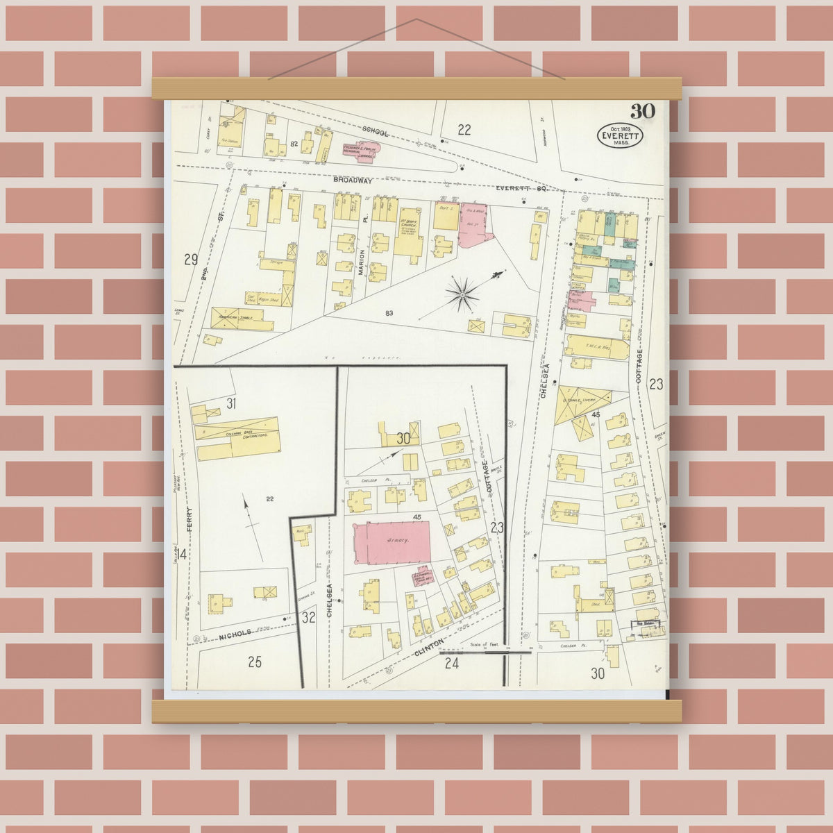 Old map wall art mockup — magnetic wood frame on brick wall — Sanborn Fire Insurance Map from Everett, Middlesex County, Massachusetts (1903), Sheet #0030