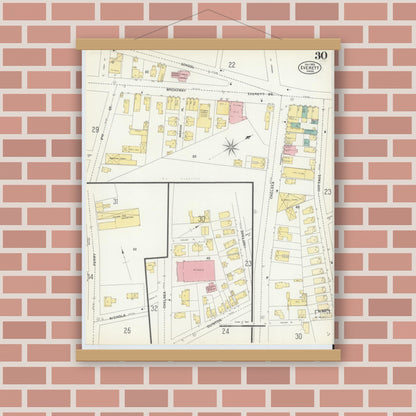Old map wall art mockup — magnetic wood frame on brick wall — Sanborn Fire Insurance Map from Everett, Middlesex County, Massachusetts (1903), Sheet #0030