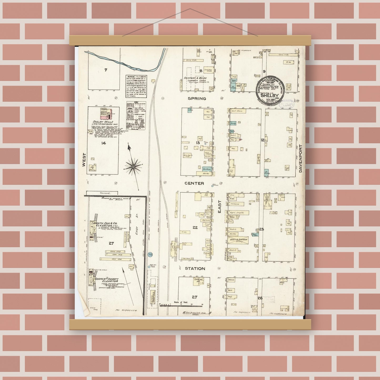 Old map wall art mockup — magnetic wood frame on brick wall — Sanborn Fire Insurance Map from Shelby, Shelby County, Iowa (1883), Sheet #0001