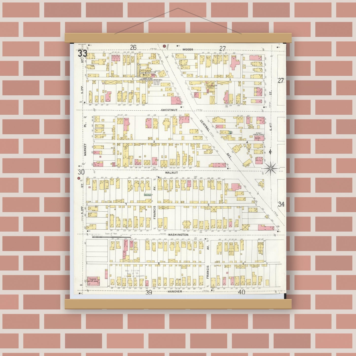Old map wall art mockup — magnetic wood frame on brick wall — Sanborn Fire Insurance Map from Hamilton, Butler County, Ohio (1899), Sheet #0033