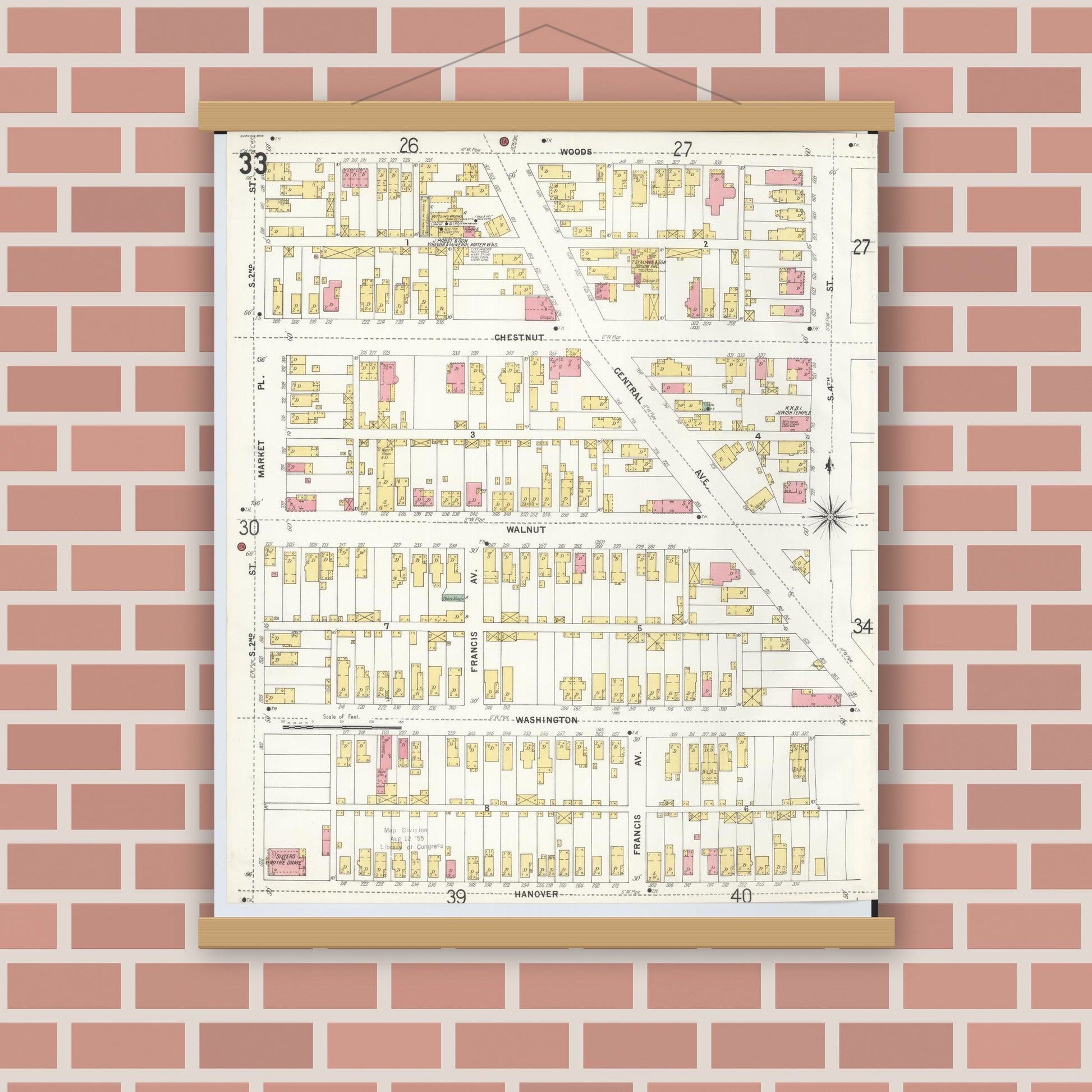 Old map wall art mockup — magnetic wood frame on brick wall — Sanborn Fire Insurance Map from Hamilton, Butler County, Ohio (1899), Sheet #0033