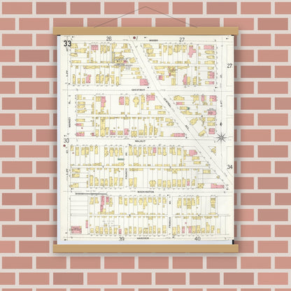 Old map wall art mockup — magnetic wood frame on brick wall — Sanborn Fire Insurance Map from Hamilton, Butler County, Ohio (1899), Sheet #0033