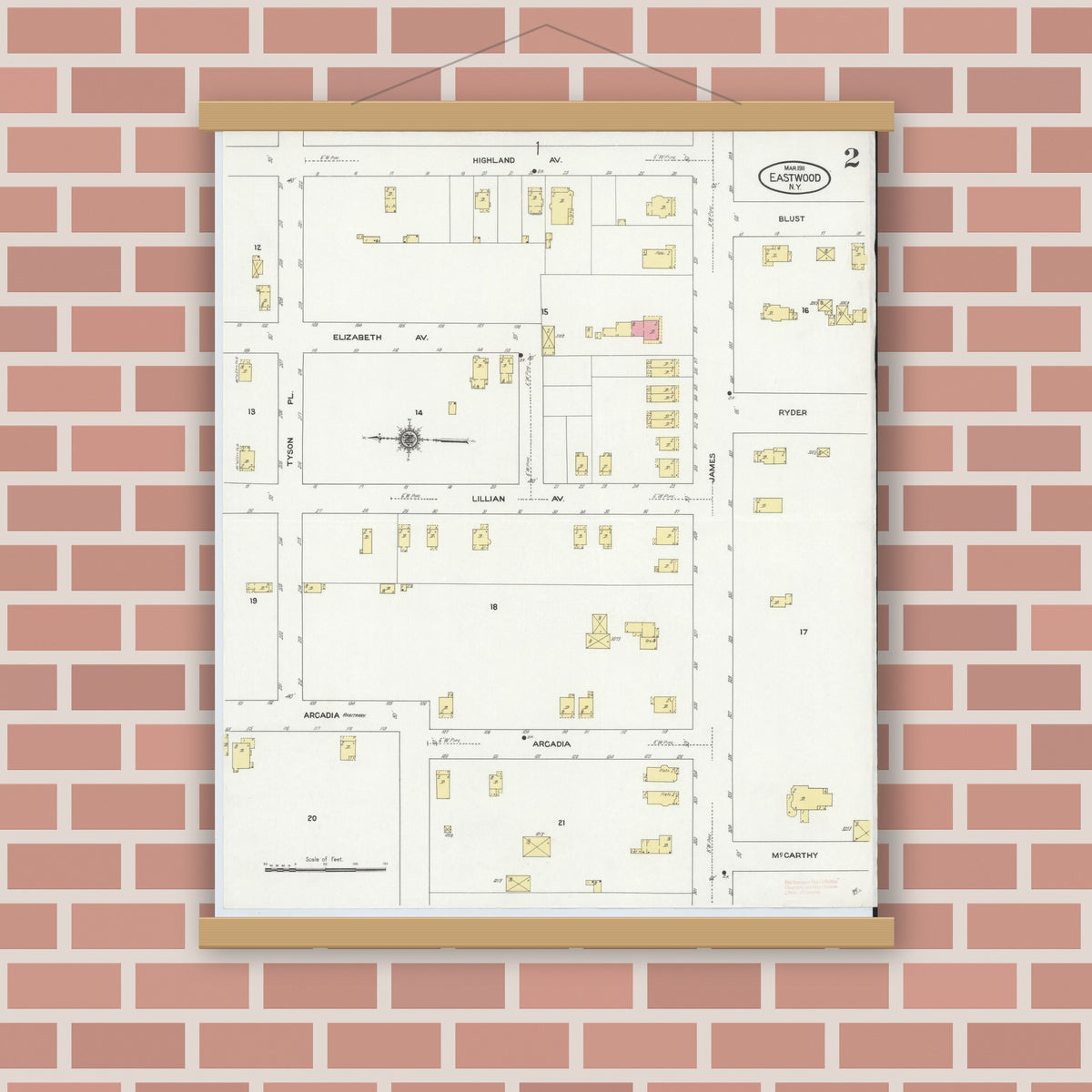 Old map wall art mockup — magnetic wood frame on brick wall — Sanborn Fire Insurance Map from Eastwood, Onandaga County, New York (1911), Sheet #0002