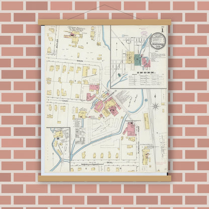 Old map wall art mockup — magnetic wood frame on brick wall — Sanborn Fire Insurance Map from Northville, Wayne County, Michigan (1893), Sheet #0001