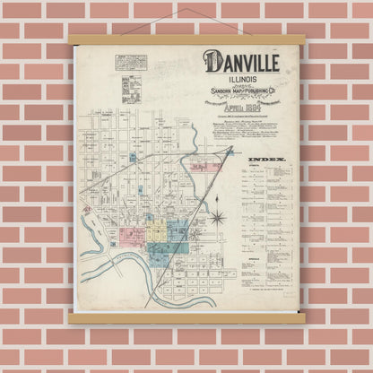 Old map wall art mockup — magnetic wood frame on brick wall — Sanborn Fire Insurance Map from Danville, Vermilion County, Illinois (1884) - Complete Map Set