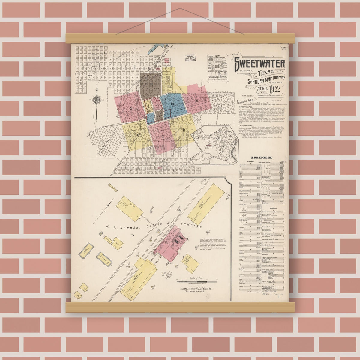 Old map wall art mockup — magnetic wood frame on brick wall — Sanborn Fire Insurance Map from Sweetwater, Nolan County, Texas (1922) - Complete Map Set
