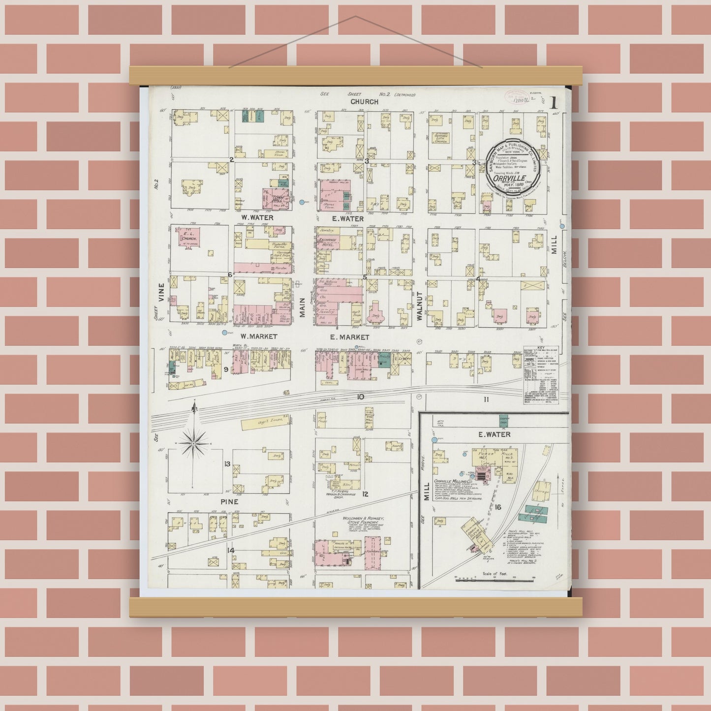 Old map wall art mockup — magnetic wood frame on brick wall — Sanborn Fire Insurance Map from Orrville, Wayne County, Ohio (1889), Sheet #0001