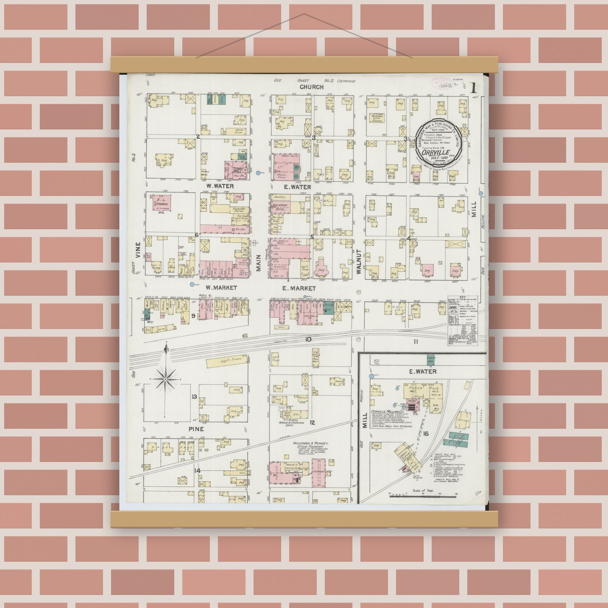 Old map wall art mockup — magnetic wood frame on brick wall — Sanborn Fire Insurance Map from Orrville, Wayne County, Ohio (1889), Sheet #0001