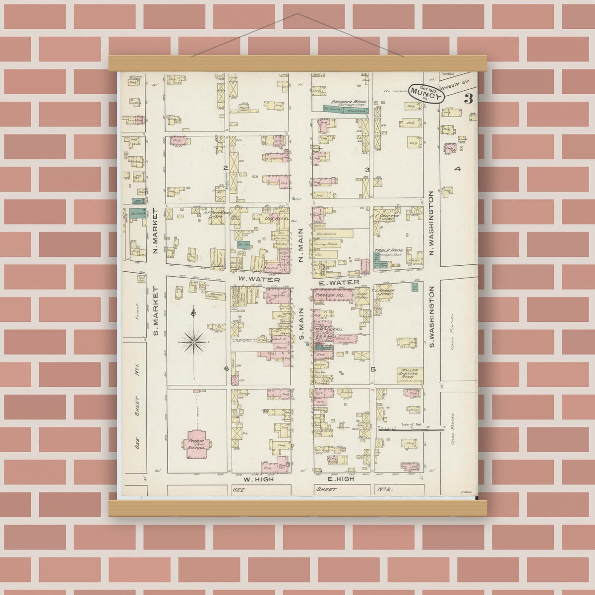 Old map wall art mockup — magnetic wood frame on brick wall — Sanborn Fire Insurance Map from Muncy, Lycoming County, Pennsylvania (1885), Sheet #0003
