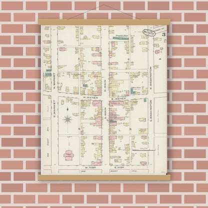 Old map wall art mockup — magnetic wood frame on brick wall — Sanborn Fire Insurance Map from Muncy, Lycoming County, Pennsylvania (1885), Sheet #0003