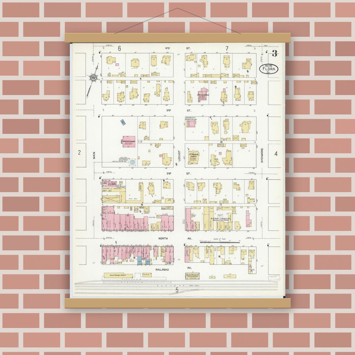Old map wall art mockup — magnetic wood frame on brick wall — Sanborn Fire Insurance Map from Flora, Clay County, Illinois (1912), Sheet #0003