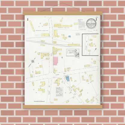 Old map wall art mockup — magnetic wood frame on brick wall — Sanborn Fire Insurance Map from Orleans, Barnstable County, Massachusetts (1929), Sheet #0001