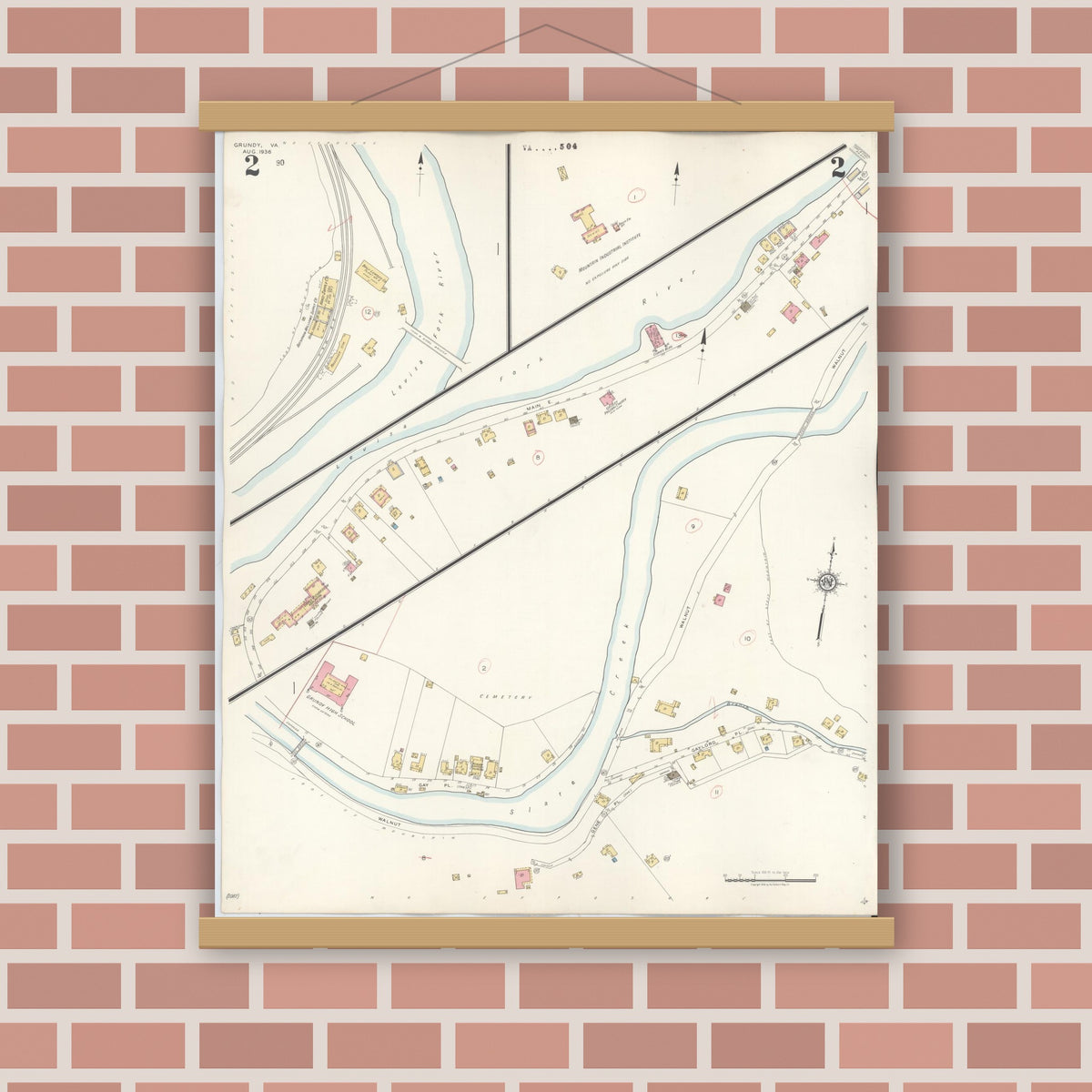 Old map wall art mockup — magnetic wood frame on brick wall — Sanborn Fire Insurance Map from Grundy, Buchanan County, Virginia (1936), Sheet #0002