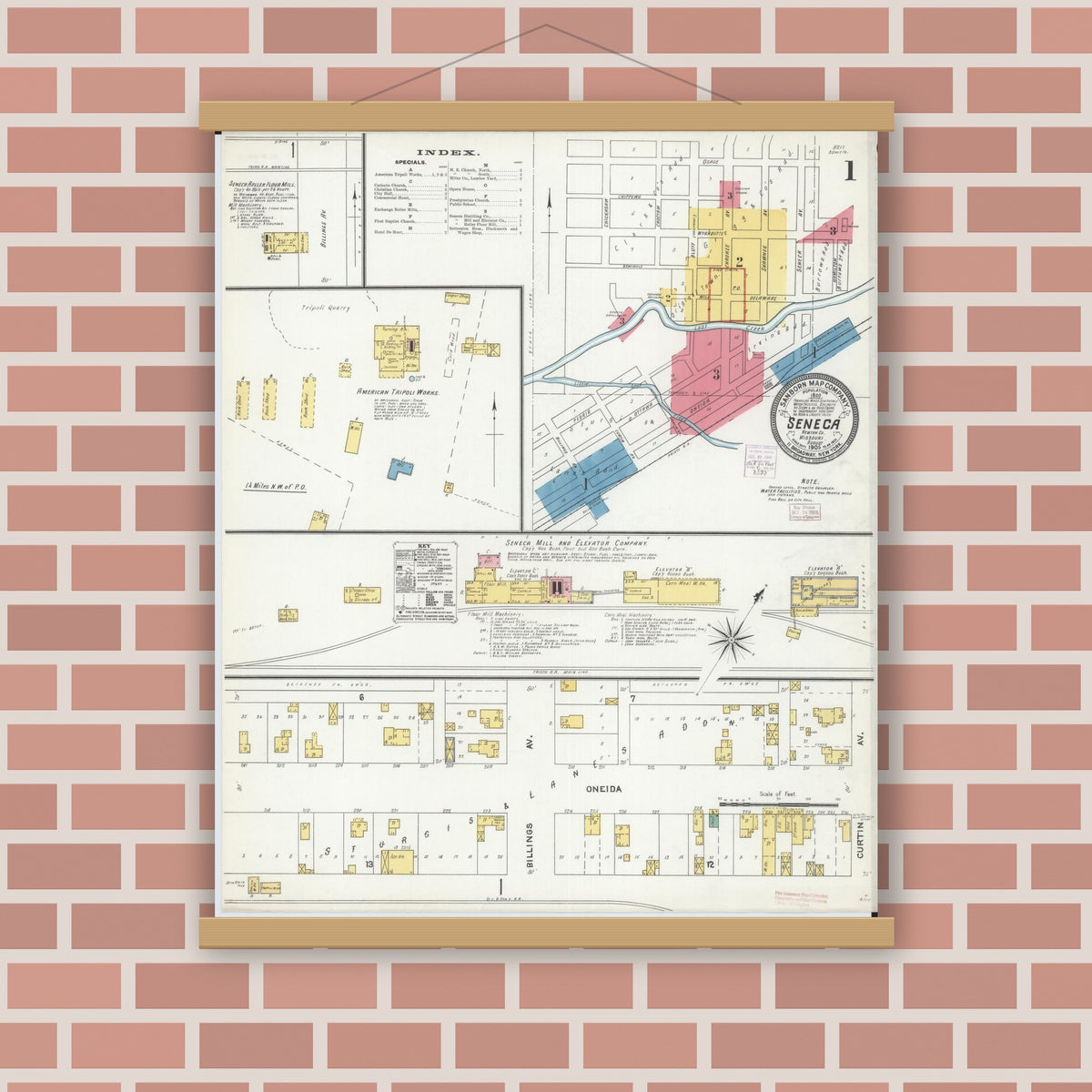 Old map wall art mockup — magnetic wood frame on brick wall — Sanborn Fire Insurance Map from Seneca, Newton County, Missouri (1905) - Complete Map Set