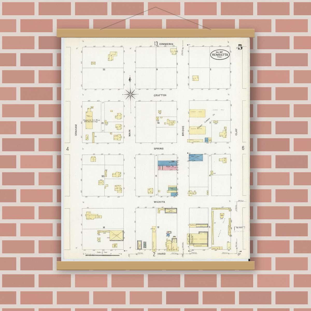 Old map wall art mockup — magnetic wood frame on brick wall — Sanborn Fire Insurance Map from Henrietta, Clay County, Texas (1907), Sheet #0005
