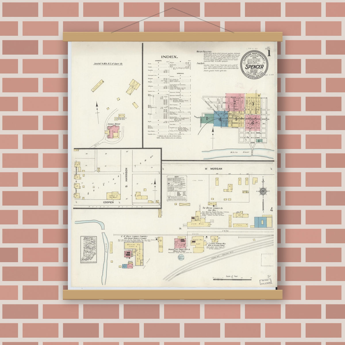 Old map wall art mockup — magnetic wood frame on brick wall — Sanborn Fire Insurance Map from Spencer, Owen County, Indiana (1912), Sheet #0001