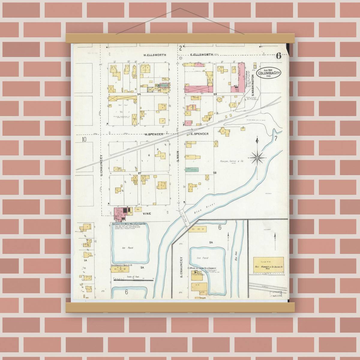 Old map wall art mockup — magnetic wood frame on brick wall — Sanborn Fire Insurance Map from Columbia City, Whitley County, Indiana (1905), Sheet #0006
